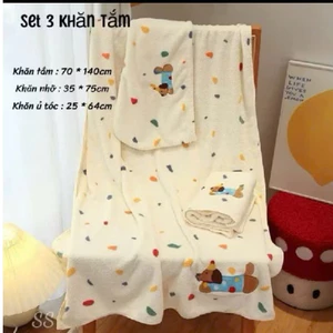 Combo Sét 3 Mon Khăn Tăm- Khăn Ủ Tóc- Khăn Mặt Hoạ Tiết Hình Cún Chấm Bi Siêu Mềm Thấm Hút Hàng Loại 1