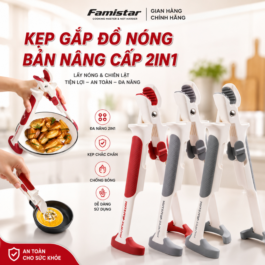 Kẹp Gắp Đồ Nóng An Toàn Cho Tay, Silicon Chống Trượt - Kẹp Gấp Thức Ăn Dùng Cho Lò Nướng Lò Vi Sóng Famistar KG01-DO