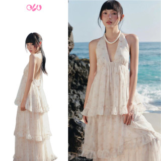 Váy maxi OLV hoa nhí cổ yếm Ivory Fleur Chiffon Halter Tiered Maxi Dress phù hợp mùa hè đi chơi biển