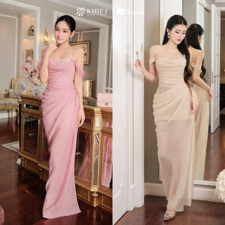 Đầm tiệc Khiết Style ren kim sa đính đá phủ lớp tơ châu sa rũ mềm quý phái KD383 KD383A