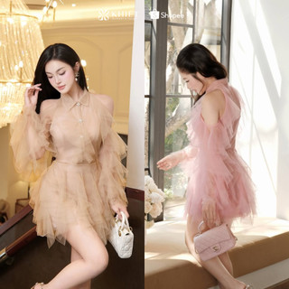 Đầm ngắn Khiết Style hở vai chất liệu tơ ngọc lam phối lưới layer bồng bềnh phong cách dự tiệc sang chảnh KD390 KD390A