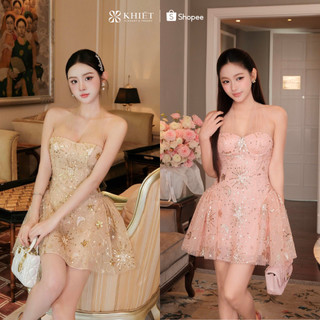 Đầm dạ tiệc form xòe cổ yếm Khiết Style họa tiết galaxy đính sequin lấp lánh sang trọng KD429 KD429A