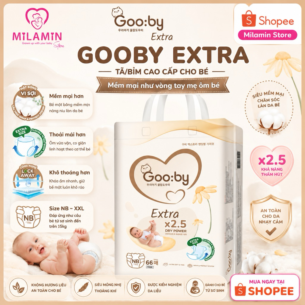 (Combo quà) 2 Bịch Tã/bỉm Gooby Extra mềm mại, chống tràn, siêu thấm hút đủ size cho bé 4-30KG