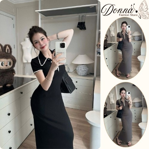 Đầm nữ, váy nữ DONNA HCOM26446 cổ bẻ viền trắng cộc tay dáng dài trẻ trung, thanh lịch