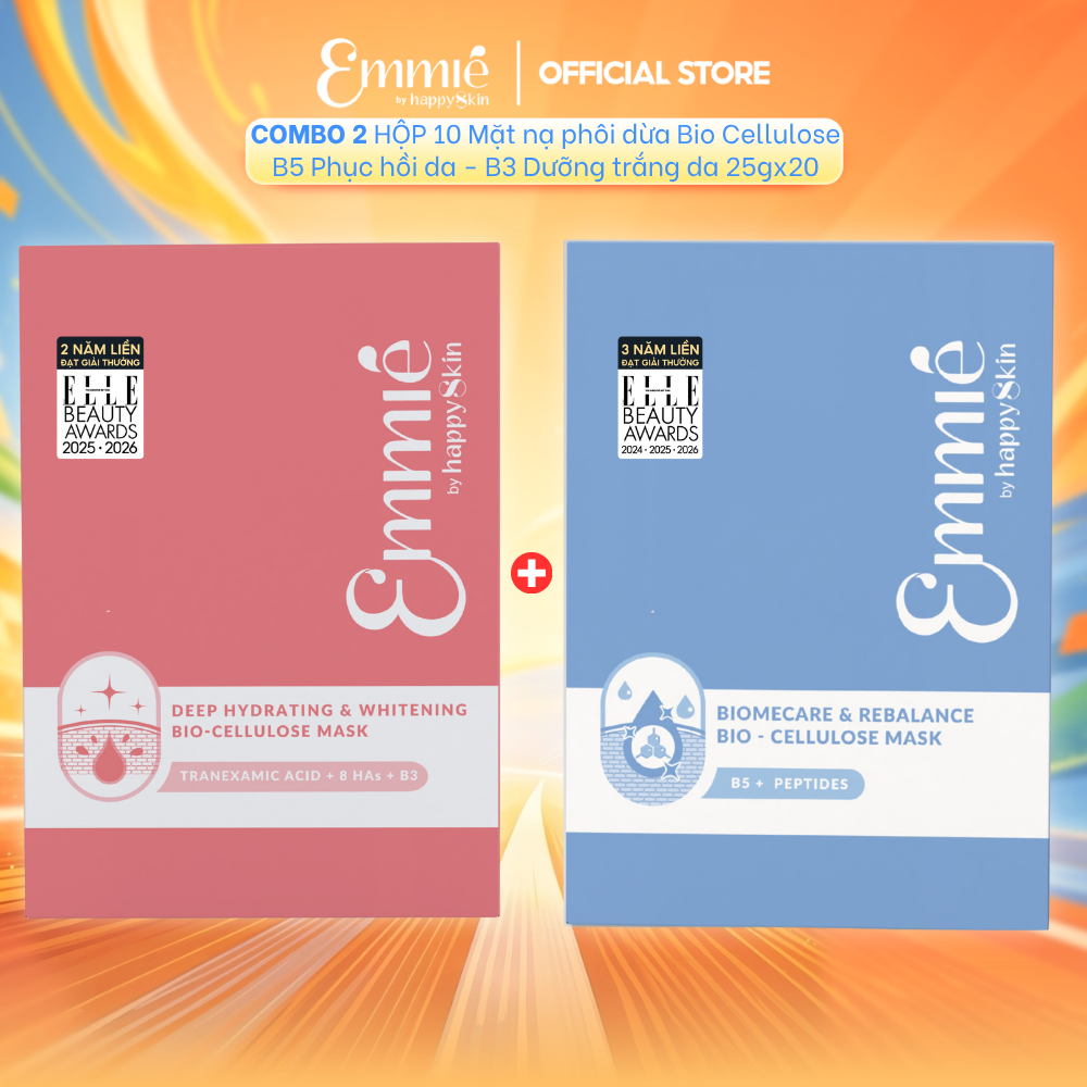 COMBO 2 Hộp 10 Mặt nạ sinh học phôi dừa Bio-Cellulose: Hộp B5 Phục hồi + Hộp B3 Dưỡng trắng 25gx20