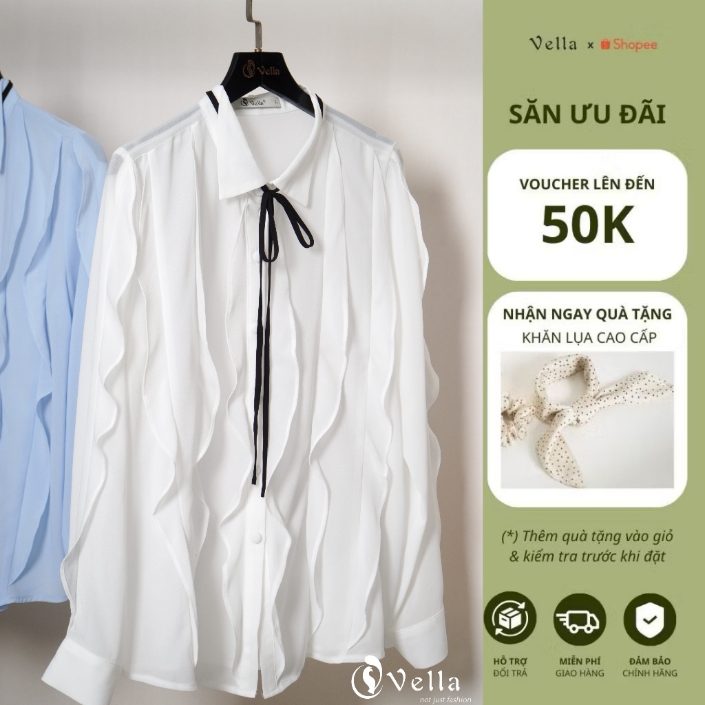 Áo sơ mi nữ công sở tay dài viền bèo che bụng & quần culottes ống loe Vella Fashion VA23013 VQ23089