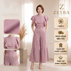 Set bộ áo cổ tròn tay phồng nhún bèo phối quần ống rộng thiết kế ZEYRA đi làm, đi chơi, dự tiệc