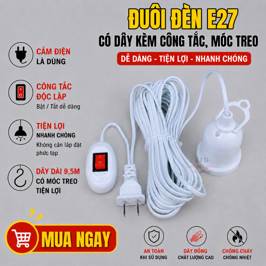 Dây đuôi đèn liền công tắc Đui đèn liền dây E27 có móc treo công tắc liền phích cắm an toàn tiện dụng dây dài 4,5m 9,5m