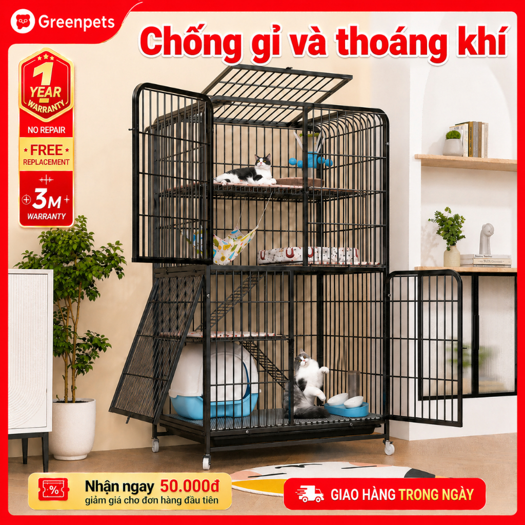 🐈GreenPets🐕Chuồng Mèo 2/3/4 Tầng Lồng Mèo Nan Ống Có Bánh Xe Tặng Khay Khung Thép Dày Chắc Chắn