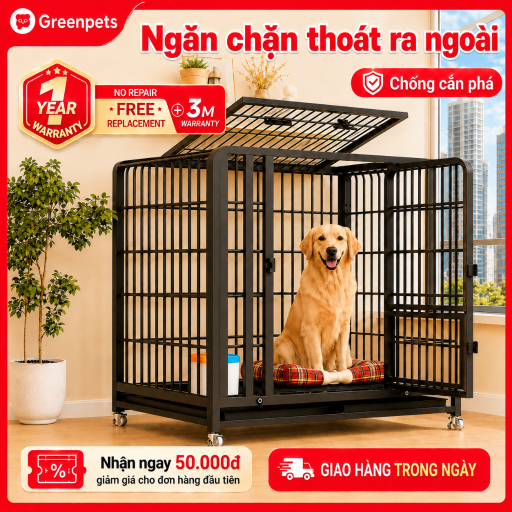 🐶GreenPets😸Chuồng Chó Lồng Chó Nan Ống Cao Cấp Có Bánh Xe Tặng Khay Dễ Di Chuyển Cho Chó Mèo Lớn