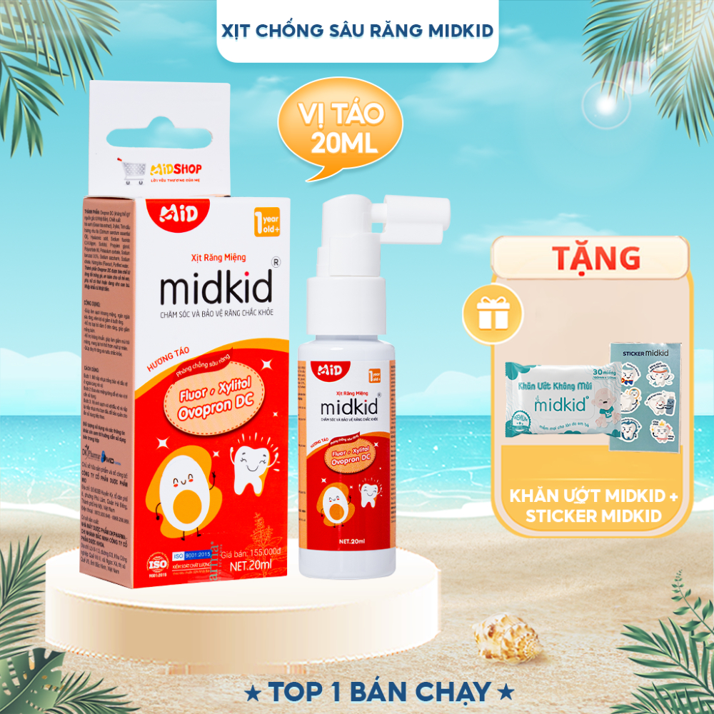 Xịt chống sâu răng MIDKID vị Táo 20ml cho bé từ 1 tuổi nuốt an toàn giúp làm sạch thơm khoang miệng, bảo vệ men răng
