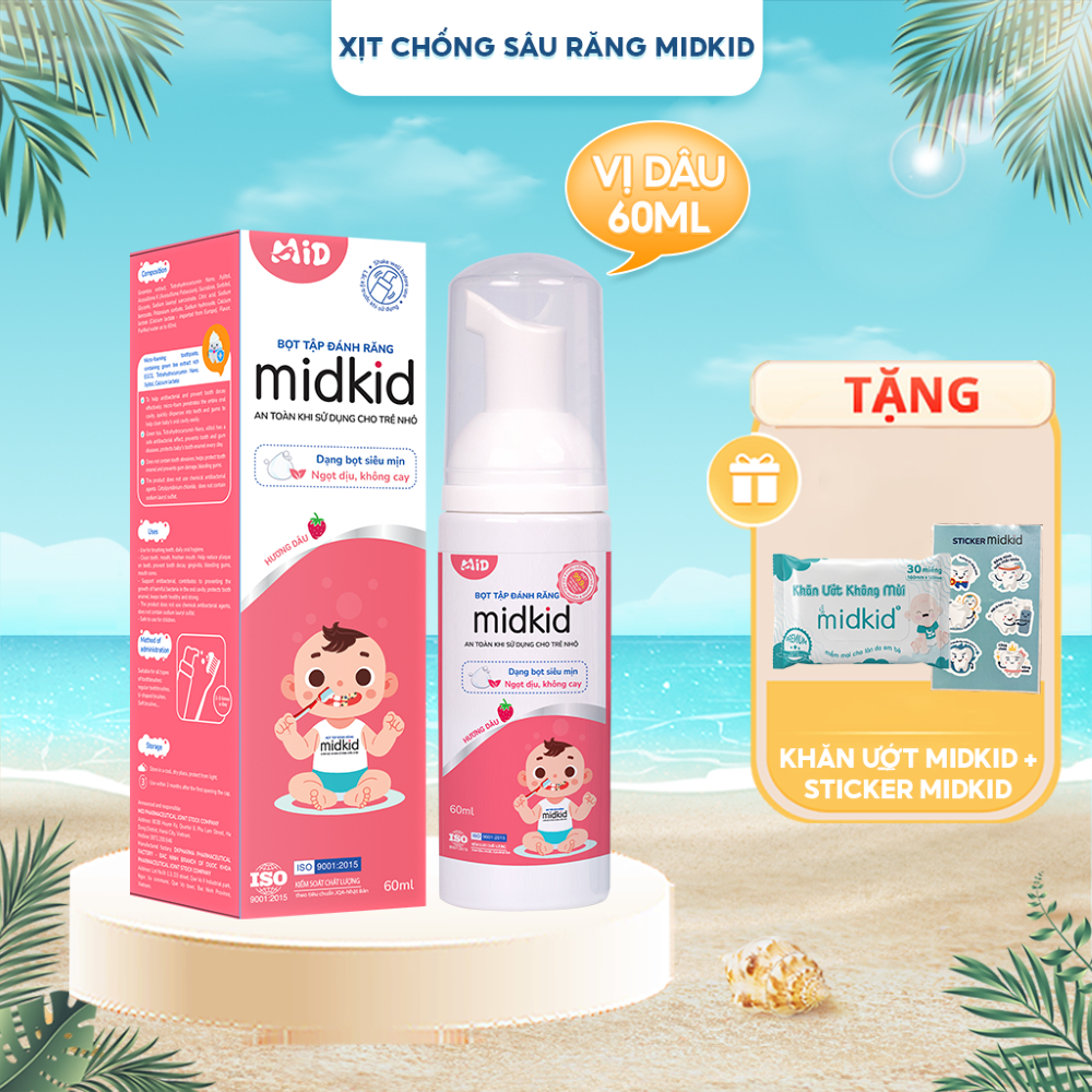 Bọt tập đánh răng Midkid cho trẻ từ 1 tuổi vị Dâu hữu cơ nuốt an toàn, không Fluoride, không chất mài mòn răng, lọ 60ml
