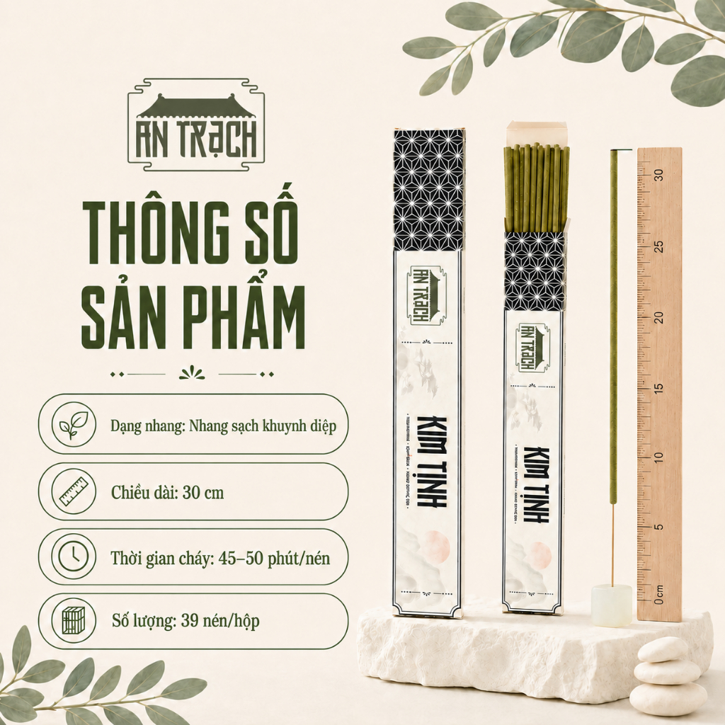 Nhang Sạch Khuynh Diệp Kim Tịnh AN TRẠCH - Nhang Thảo Mộc Tự Nhiên Thanh Lọc Không Khí, Khử Mùi (Hành Kim 30cm 39 Nén)