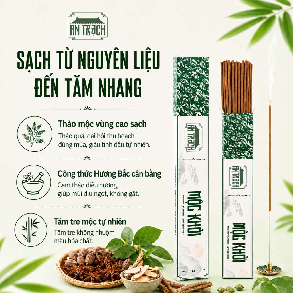 Nhang Sạch Hương Bắc Mộc Khởi AN TRẠCH - Nhang Thảo Mộc Cổ Truyền Ấm Cúng, May Mắn & Tài Lộc (Hành Mộc 30cm 39 Nén)