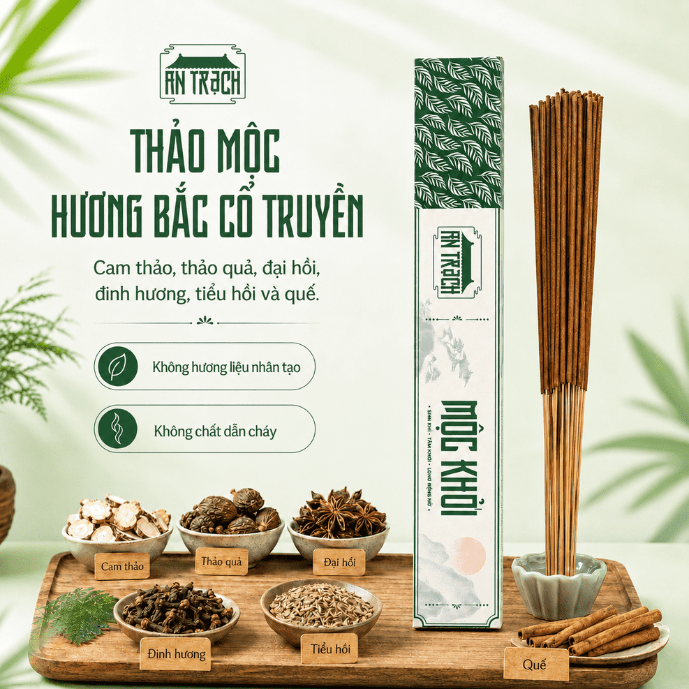 Nhang Sạch Hương Bắc Mộc Khởi AN TRẠCH - Nhang Thảo Mộc Cổ Truyền Ấm Cúng, May Mắn & Tài Lộc (Hành Mộc 30cm 39 Nén)