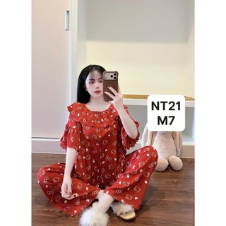 NT21-Tay lỡ quần dài ren thêu chất tole lanh mặc nhà thấm hút mồ hôi dành cho nữ 45KG-65KG