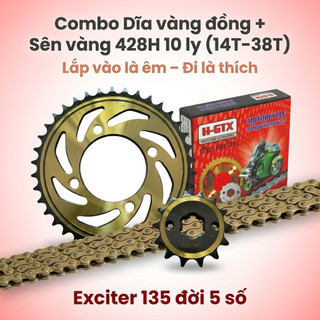 Nhông Sên Dĩa Giá Rẻ: Dĩa vàng đồng + Sên vàng 428H 10 ly (14T-38T-114L) – Exciter 135 đời 5 số