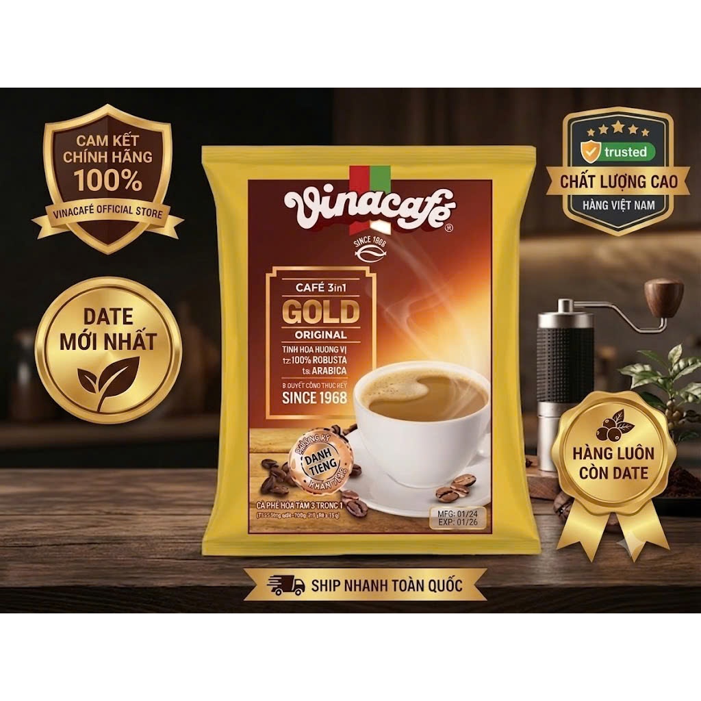 Cà Phê Hòa Tan Vinacafé Gold Original 3in1(Bịch 24 gói x 20g)-Hương Vị Nguyên Bản Thơm Ngon Đậm Đà
