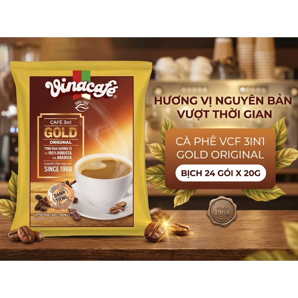 Cà Phê Hòa Tan Vinacafé Gold Original 3in1(Bịch 24 gói x 20g)-Hương Vị Nguyên Bản Thơm Ngon Đậm Đà
