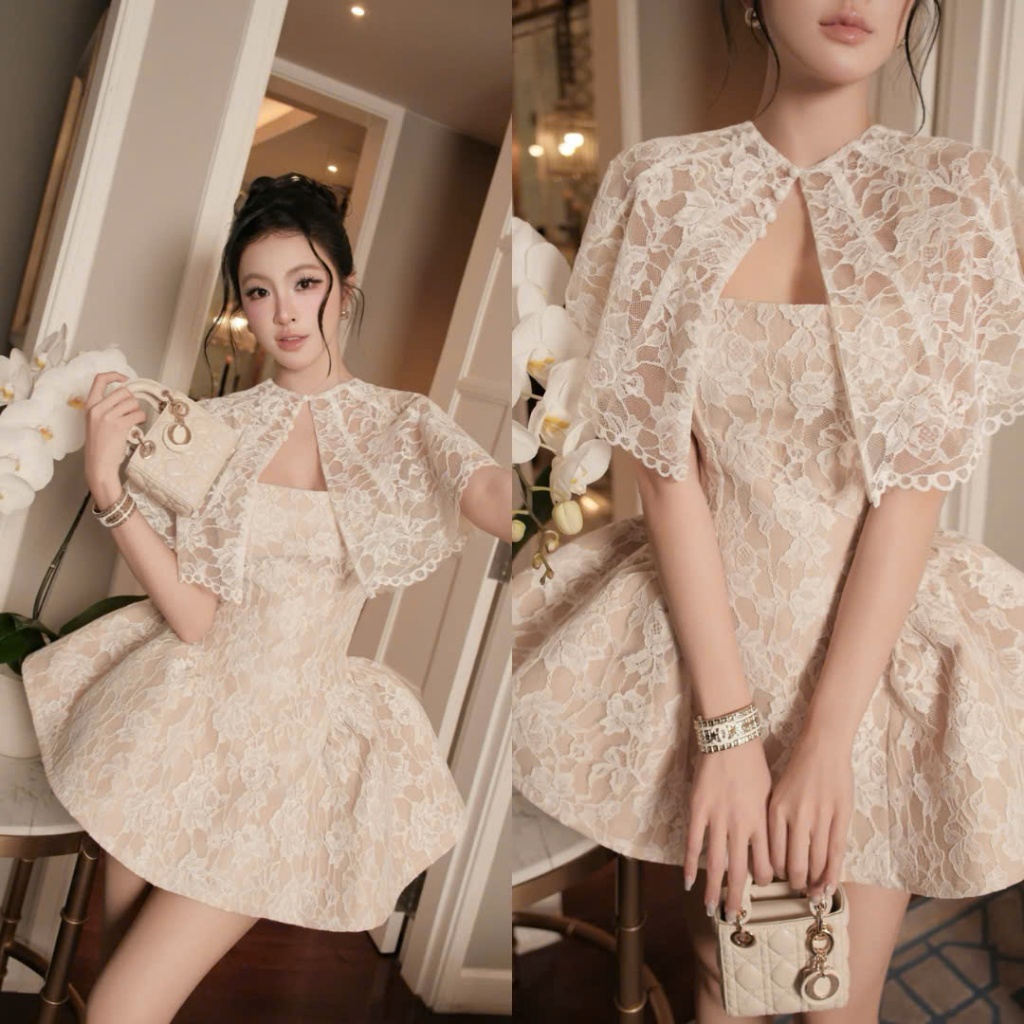 Đầm Ren Hai Dây Kèm Choàng Sang Trọng Dự Tiệc