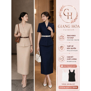 VT260417 - SET BỘ ÁO CỔ VEST CHỮ V PHỐI ĐAI EO KÈM CHÂN VÁY DÀI TÔN DÁNG CÔNG SỞ CAO CẤP