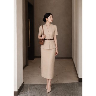 VT260417 - SET BỘ ÁO CỔ VEST CHỮ V PHỐI ĐAI EO KÈM CHÂN VÁY DÀI TÔN DÁNG CÔNG SỞ CAO CẤP