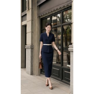 VT260417 - SET BỘ ÁO CỔ VEST CHỮ V PHỐI ĐAI EO KÈM CHÂN VÁY DÀI TÔN DÁNG CÔNG SỞ CAO CẤP