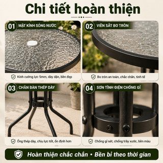 Bàn Cafe Tròn Gấp Gọn Mặt Kính Cường Lực Vân Nước Khung Sắt Chắc Chắn Cho Ban Công Quán Cafe