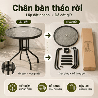 Bàn Cafe Tròn Gấp Gọn Mặt Kính Cường Lực Vân Nước Khung Sắt Chắc Chắn Cho Ban Công Quán Cafe