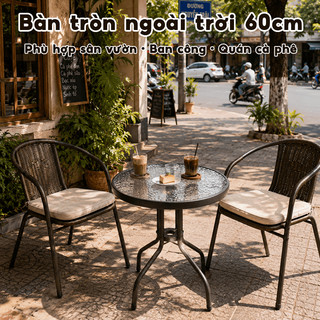 Bàn Cafe Tròn Gấp Gọn Mặt Kính Cường Lực Vân Nước Khung Sắt Chắc Chắn Cho Ban Công Quán Cafe