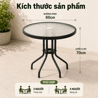 Bàn Cafe Tròn Gấp Gọn Mặt Kính Cường Lực Vân Nước Khung Sắt Chắc Chắn Cho Ban Công Quán Cafe