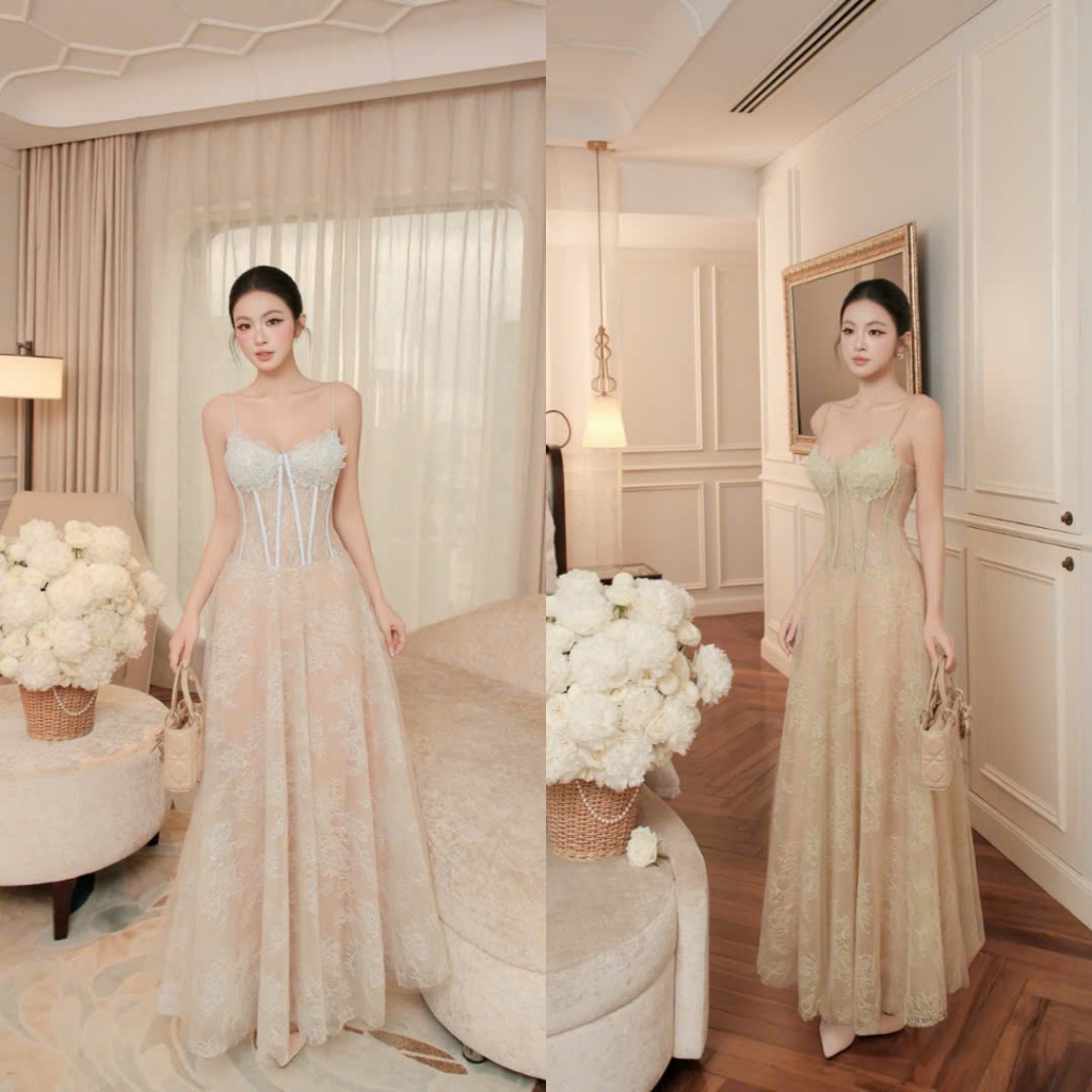 Đầm Ren Corset Hai Dây Đắp Hoa Ngực Sang Trọng Quyến Rũ