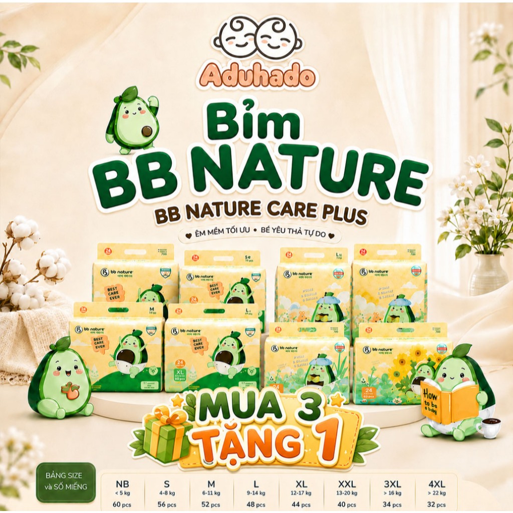 Tã Bỉm BB Nature COMBO 3 Bịch TẶNG 1 Bịch cho bé đủ size (link1)