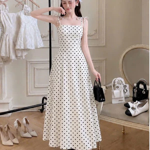 Váy Maxi Chấm Bi Buộc Dây Vai Màu Kem - Đầm Dài Xòe Nữ Tính,Tôn Dáng, Phù Hợp Đi Tiệc, Dạ Hội, Cafe