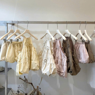 Set Bộ Nữ Baby Doll Hoa Nổi Cổ Yếm, Áo Form Bí Phối Quần Bí
