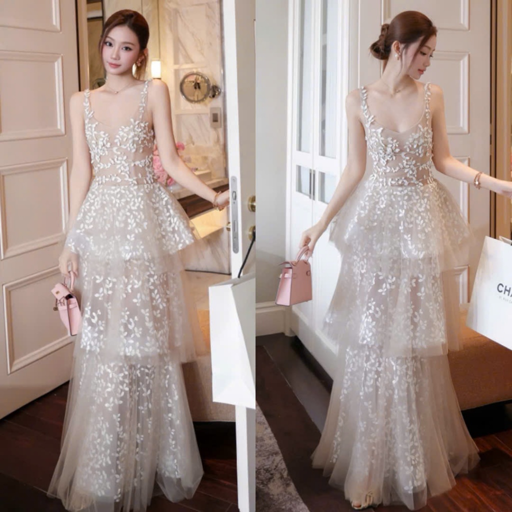 Đầm Maxi Hai Dây Họa Tiết Lá Phối Voan Tầng Tôn Dáng Sang Chảnh