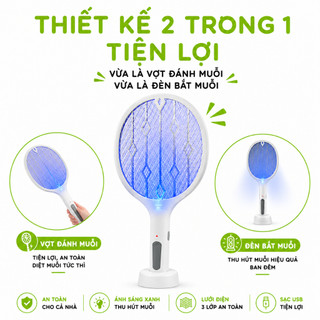 Vợt Muỗi Kiêm Đèn Bắt Muỗi Ánh Sáng Xanh Để Bàn GD325 - Vợt Đánh Muỗi 3 Lớp Thiết Kế Kèm Dây Sạc