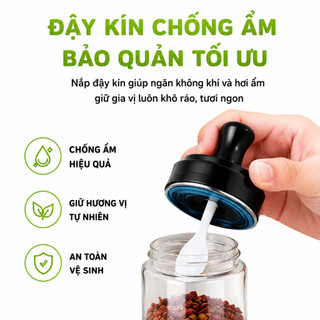 Hũ Đựng Gia Vị Thủy Tinh Kèm Thìa Tiện Lợi GD322 - Bộ Lọ Gia Vị Nhà Bếp Kèm Muỗng Nắp Đen