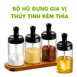 Hũ Đựng Gia Vị Thủy Tinh Kèm Thìa Tiện Lợi GD322 - Bộ Lọ Gia Vị Nhà Bếp Kèm Muỗng Nắp Đen