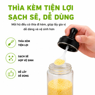 Hũ Đựng Gia Vị Thủy Tinh Kèm Thìa Tiện Lợi GD322 - Bộ Lọ Gia Vị Nhà Bếp Kèm Muỗng Nắp Đen