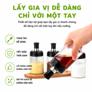 Hũ Đựng Gia Vị Thủy Tinh Kèm Thìa Tiện Lợi GD322 - Bộ Lọ Gia Vị Nhà Bếp Kèm Muỗng Nắp Đen