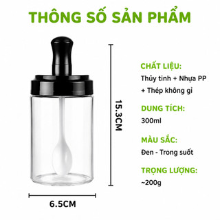 Hũ Đựng Gia Vị Thủy Tinh Kèm Thìa Tiện Lợi GD322 - Bộ Lọ Gia Vị Nhà Bếp Kèm Muỗng Nắp Đen