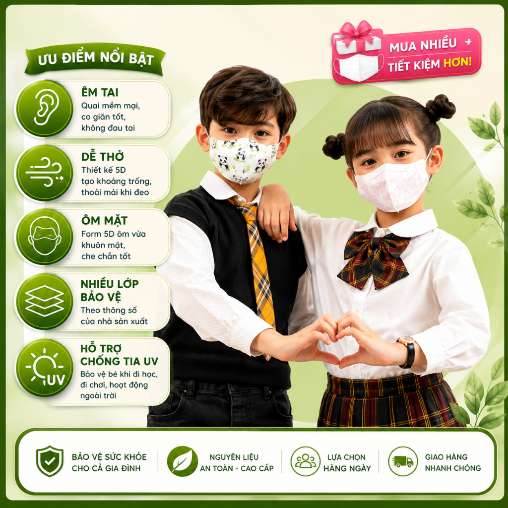 Khẩu Trang Trẻ Em 5D KIDS Thịnh Phát Chính Hãng | Êm Tai - Thoáng Khí - Ôm Mặt - Co Giãn | Set 200C