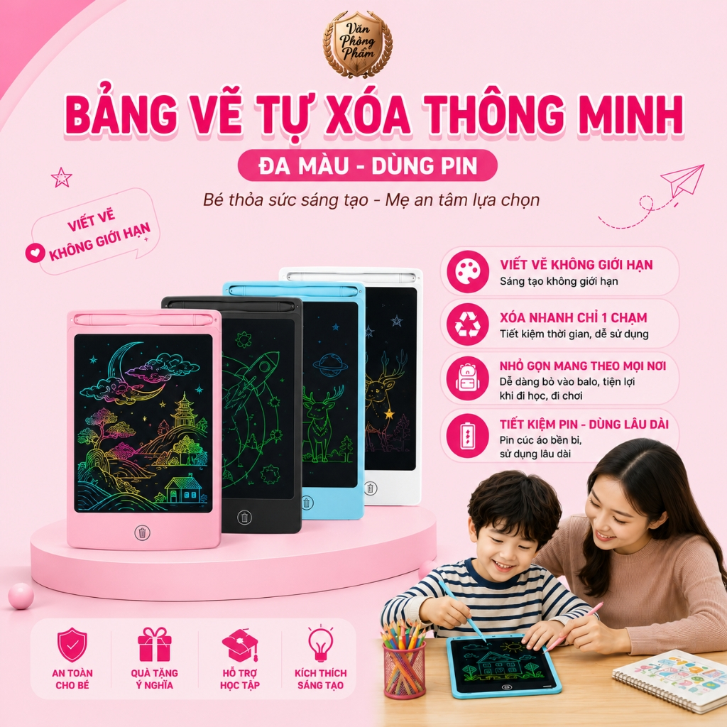 Bảng Viết Điện Tử LCD 8.5/10/12 Inch Đa Sắc, Bảng Vẽ Tự Xóa a Màu, Tập Viết Tập Tính Cho Bé