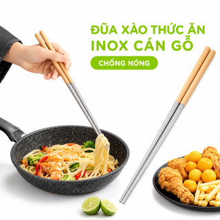 Đũa Xào Nấu Nấu Ăn Inox Cán Gỗ Rãnh Chống Trơn GD312 - Đũa Nấu Thức Ăn Cán Gỗ Chống Nóng Cao Cấp