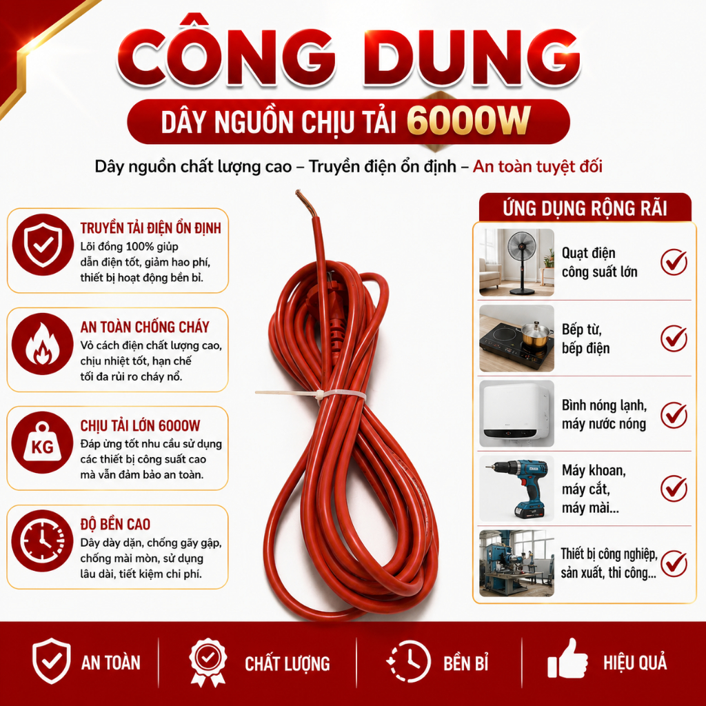 🖍 FREESHIP 🖍 DÂY NGUỒN 100% DÂY ĐỒNG - CÔNG SUẤT 6000W