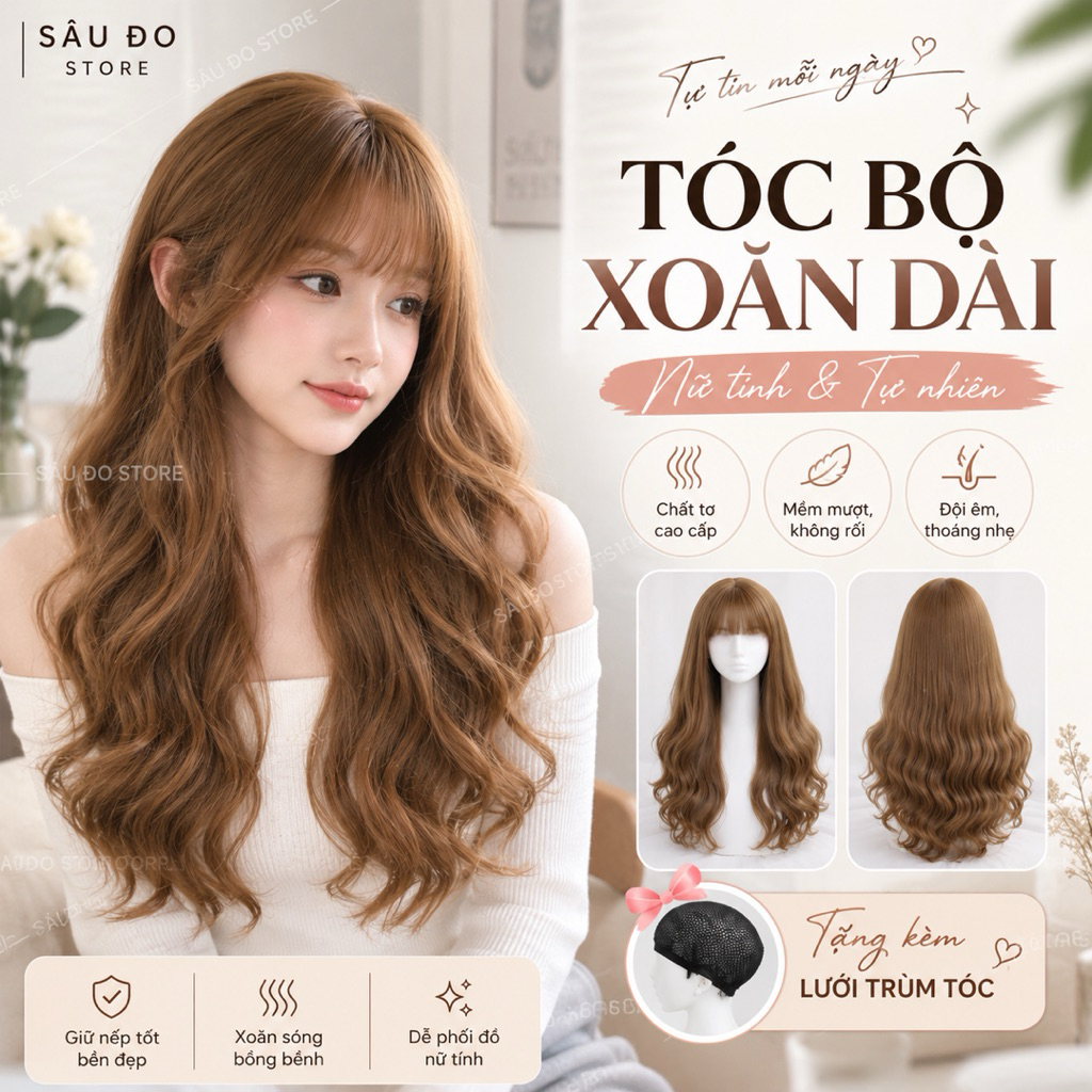[CLIP, ẢNH THẬT] BỘ XOĂN ĐUÔI ĐIỆU ĐÀ TÓC GIẢ NỮ TẶNG LƯỚI TRÙM SÂU ĐO STORE