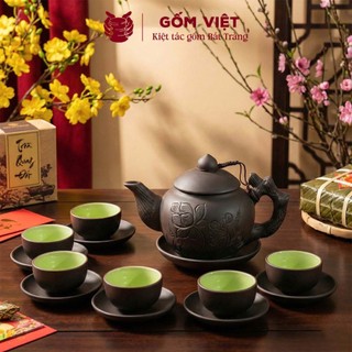 Bộ ấm chén tử sa đất nung dáng gốc cây đắp nổi, khắc chìm màu đỏ, đen dung tích 400ml - Gốm sứ Bát Tràng - Gốm Việt