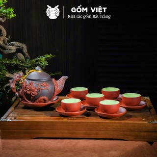 Bộ ấm chén tử sa đất nung dáng gốc cây đắp nổi, khắc chìm màu đỏ, đen dung tích 400ml - Gốm sứ Bát Tràng - Gốm Việt
