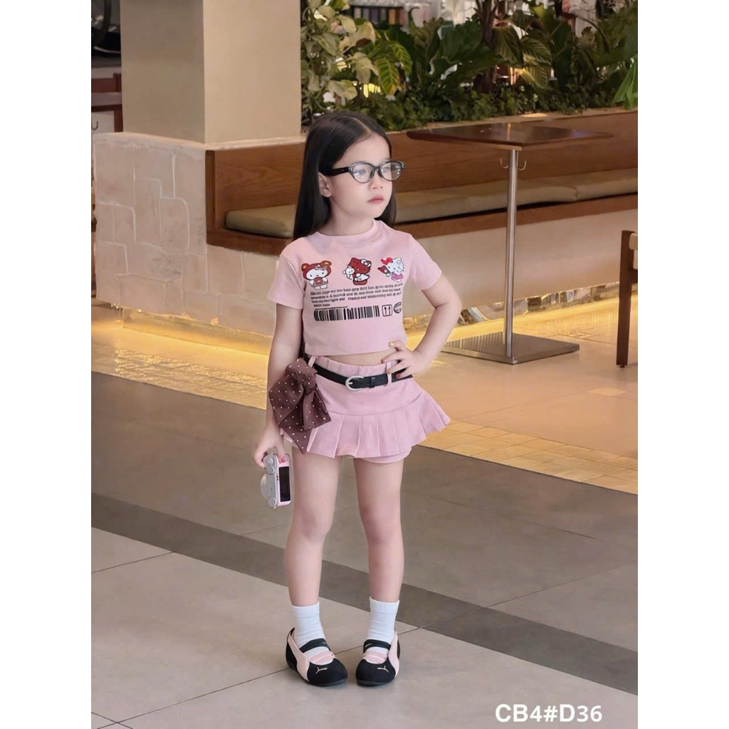 Bộ đồ bé gái, set đồ bé gái, quần áo trẻ em bé gái, áo croptop mix quần váy kaki chun co giãn 10-30kg Hami Kids